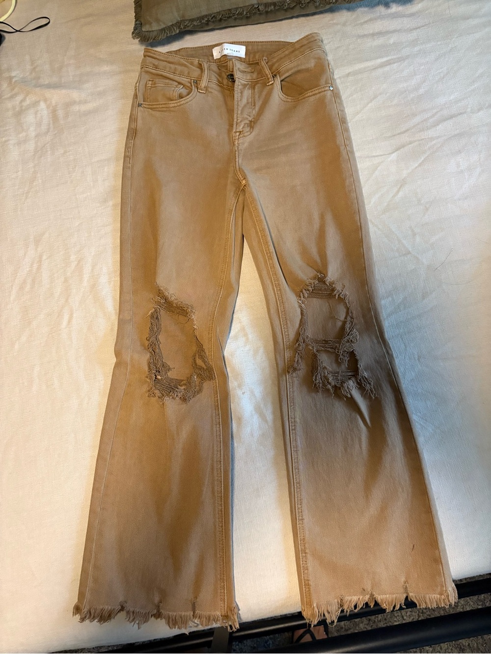 Risen Flared Distressed Jeans in Tan